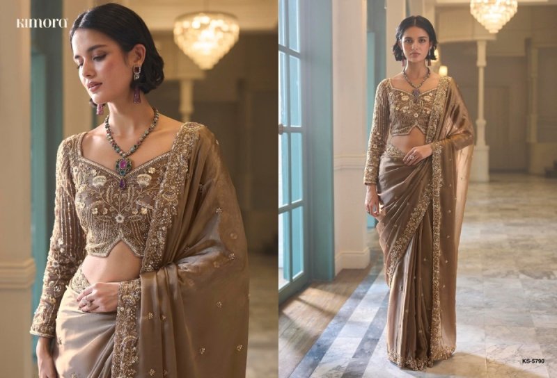 Golden Colour Iconic Vol 5 By Kimora Fancy Fabric Designer Beads Work Saree Ks 5790